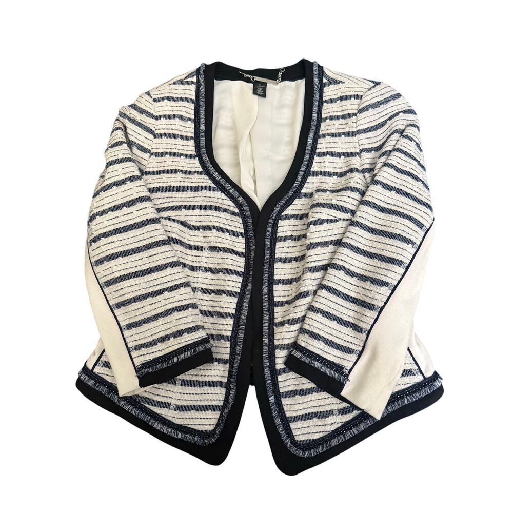 White House Black Market Striped navy white Open Front Jacket Size 12 w ruffles
